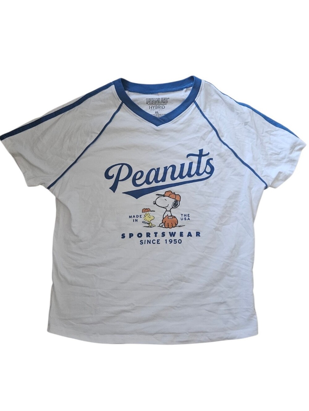 Peanuts Hybrid Vintage Style Snoopy Baseball V-Neck Blue Trim T-Shirt Women XL
